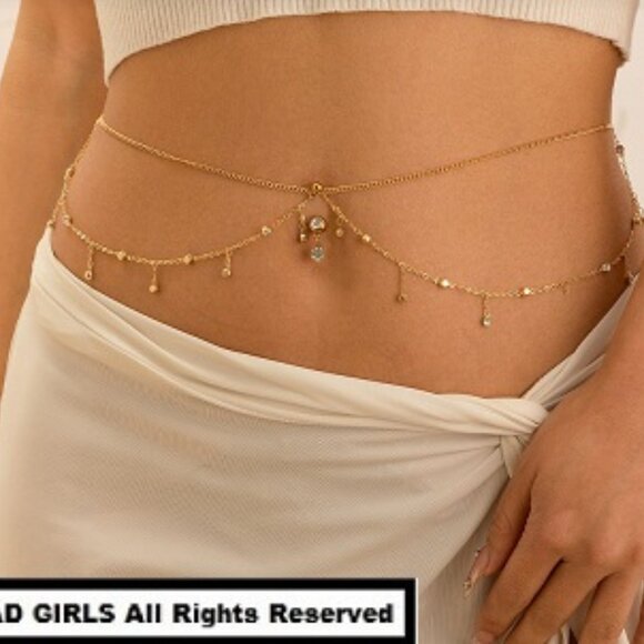 Sexy Gold Double Dangle Crystals Belly Waist Body Chain ~ NBC-6006 - Picture 2 of 3